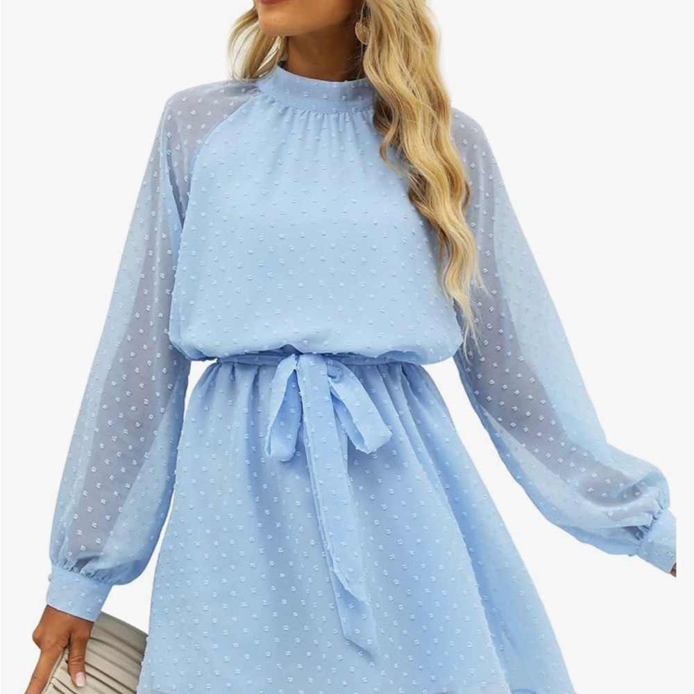 🩵Sky blue beautiful dress/swiss dot/shear sleeves/midi/mini